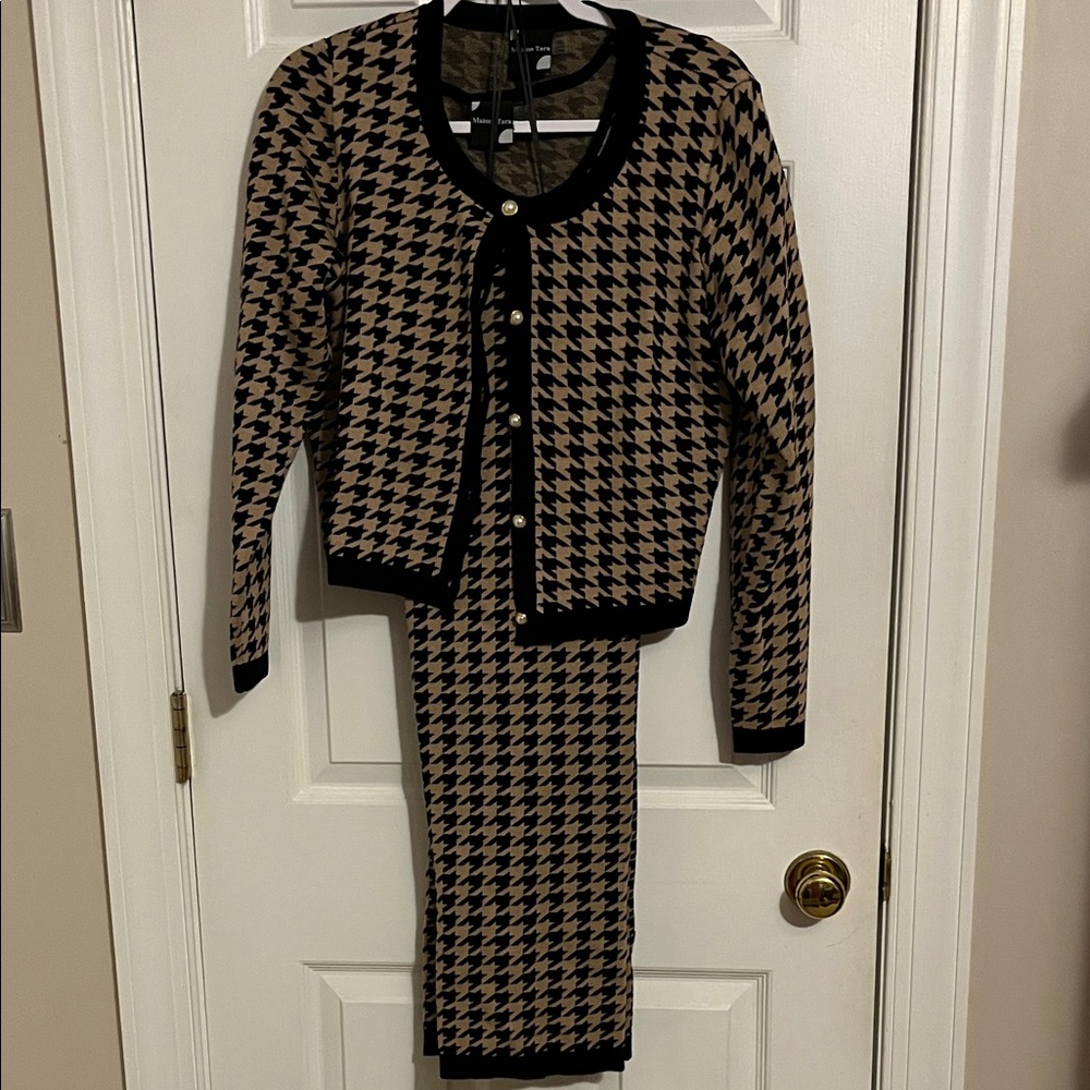 Maison Tara Black and Brown Houndstooth Long Sleeve Dress Set